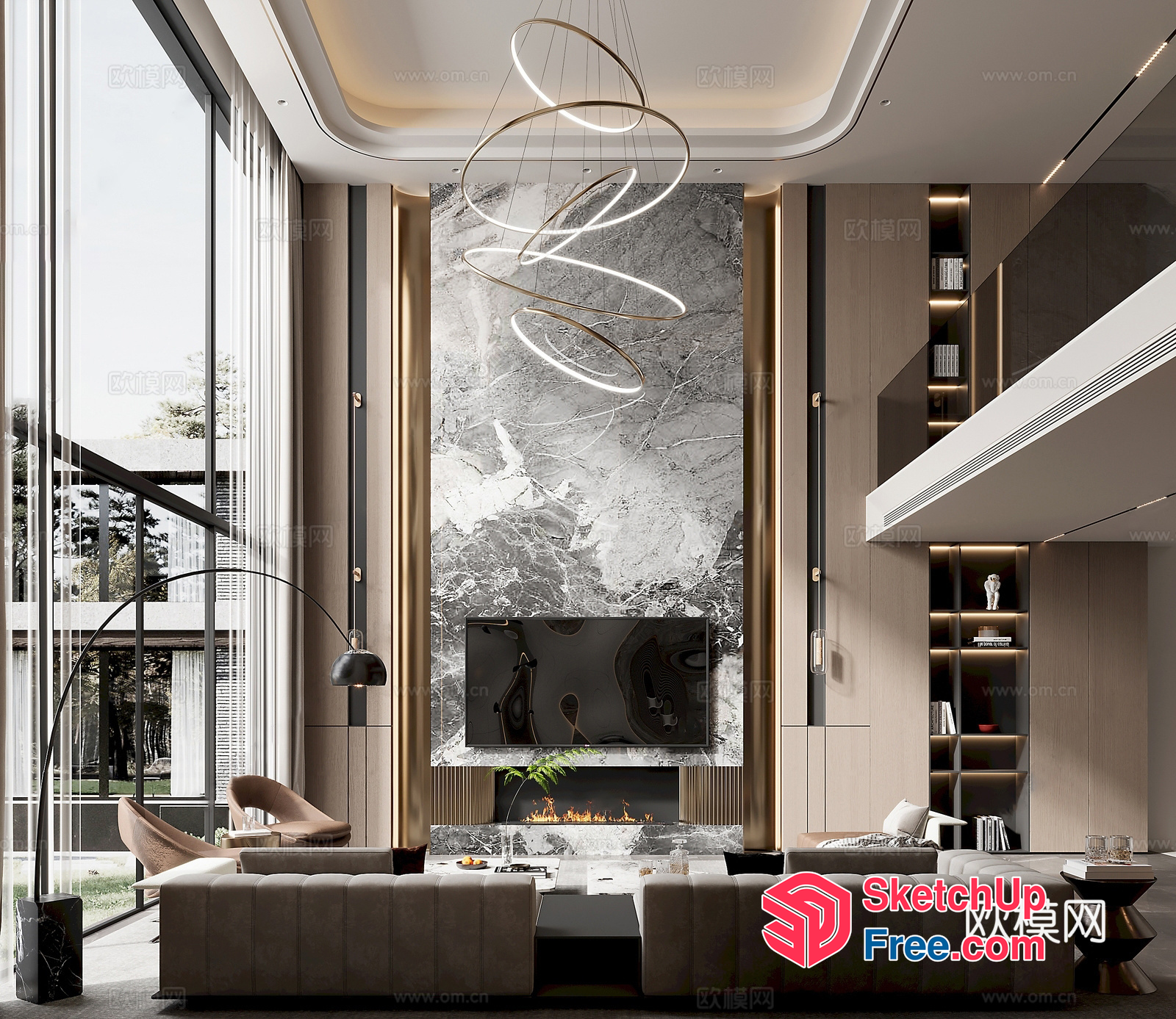 Luxurious Modern Living Room With High Ceiling And Fireplace 3D SketchUp File