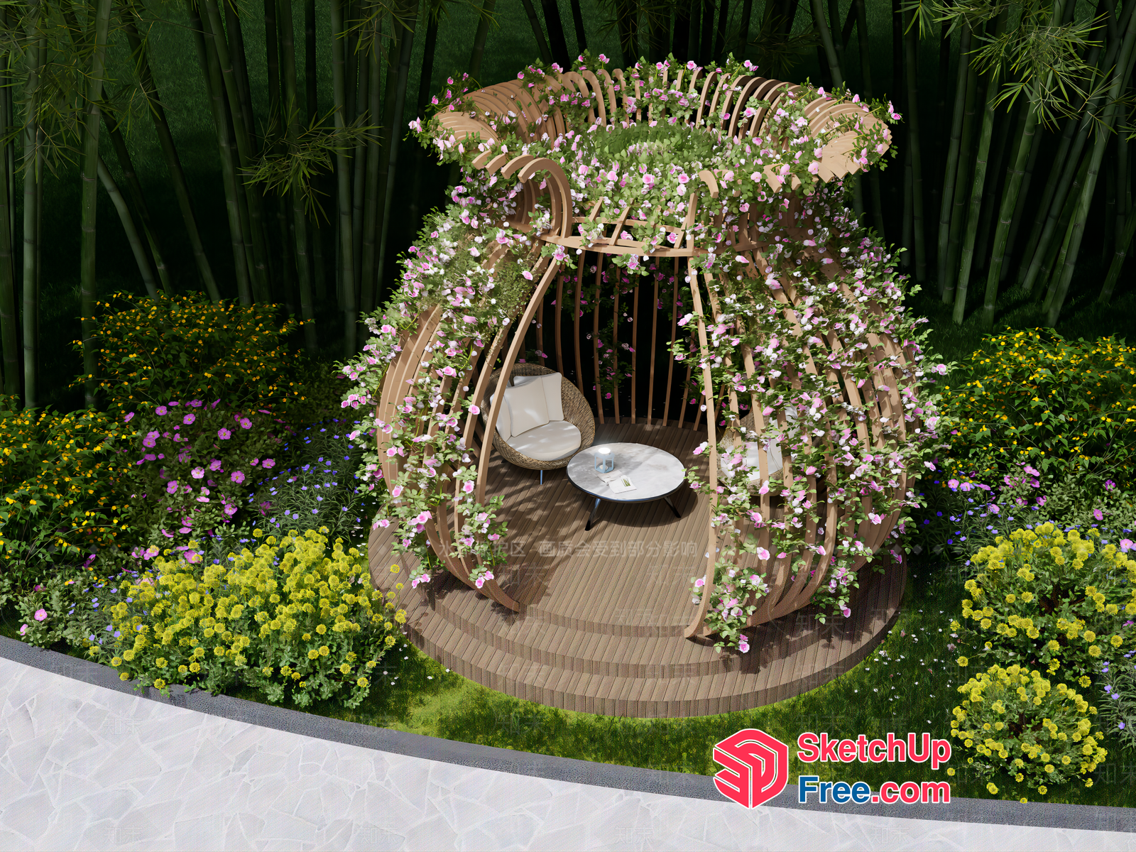 Outdoor Seating Area With Rattan Furniture And Floral Decor 3D SketchUp File