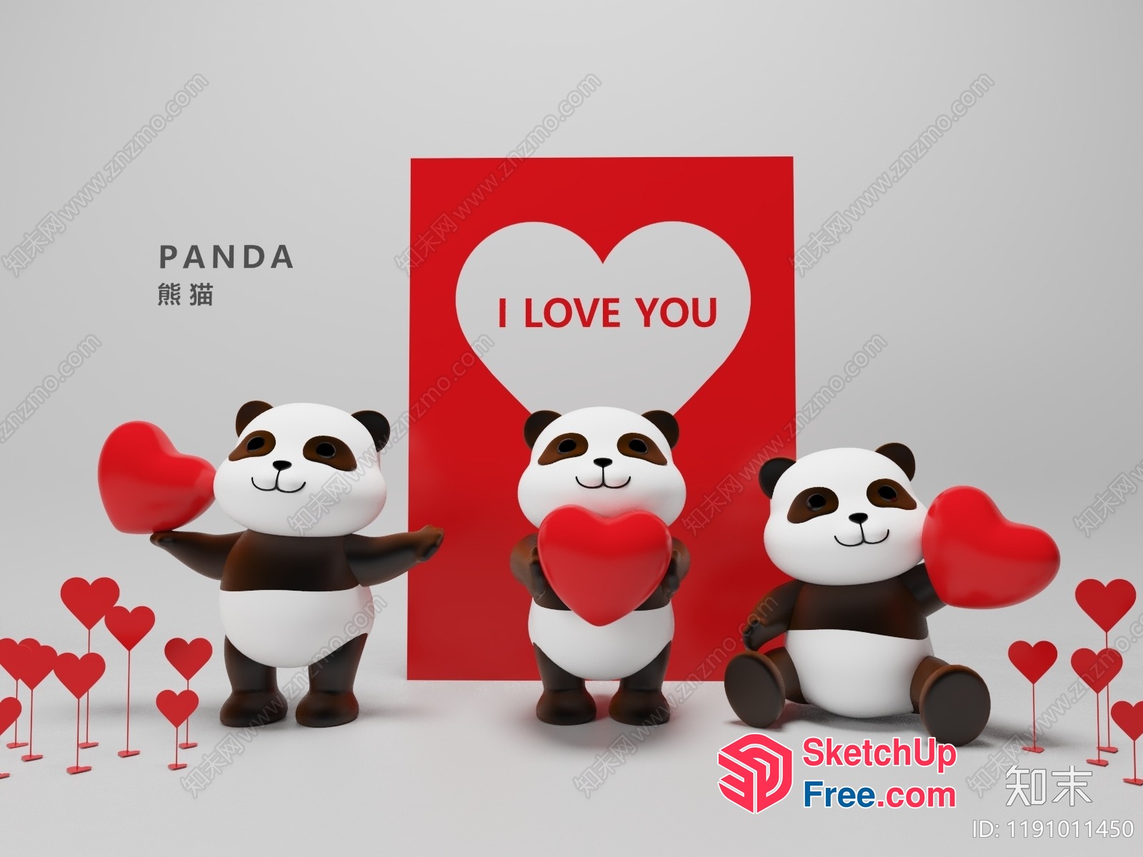 Adorable Pandas With Hearts 3D SketchUp File