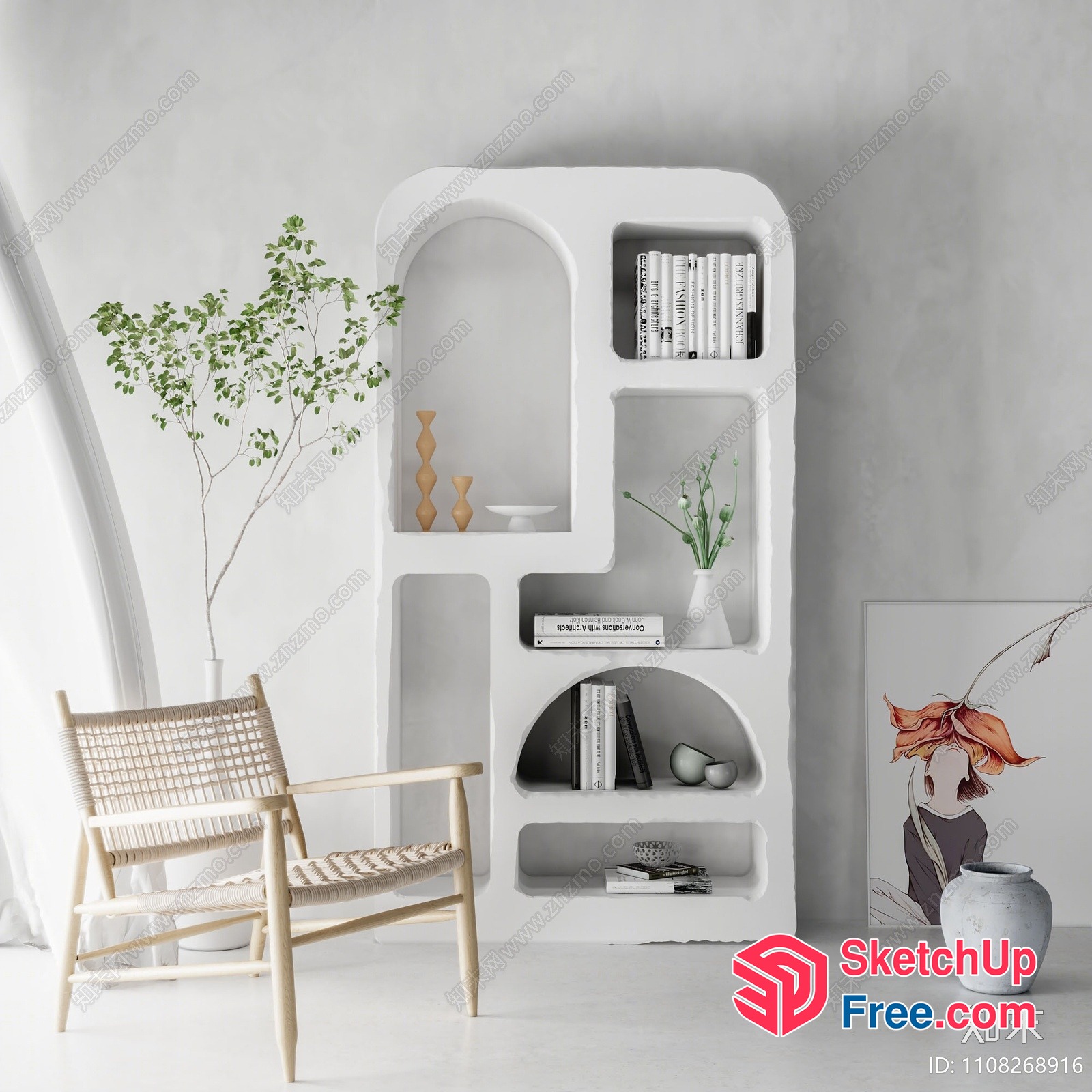Minimalist White Bookcase With Natural Wood Accent 3D SketchUp File