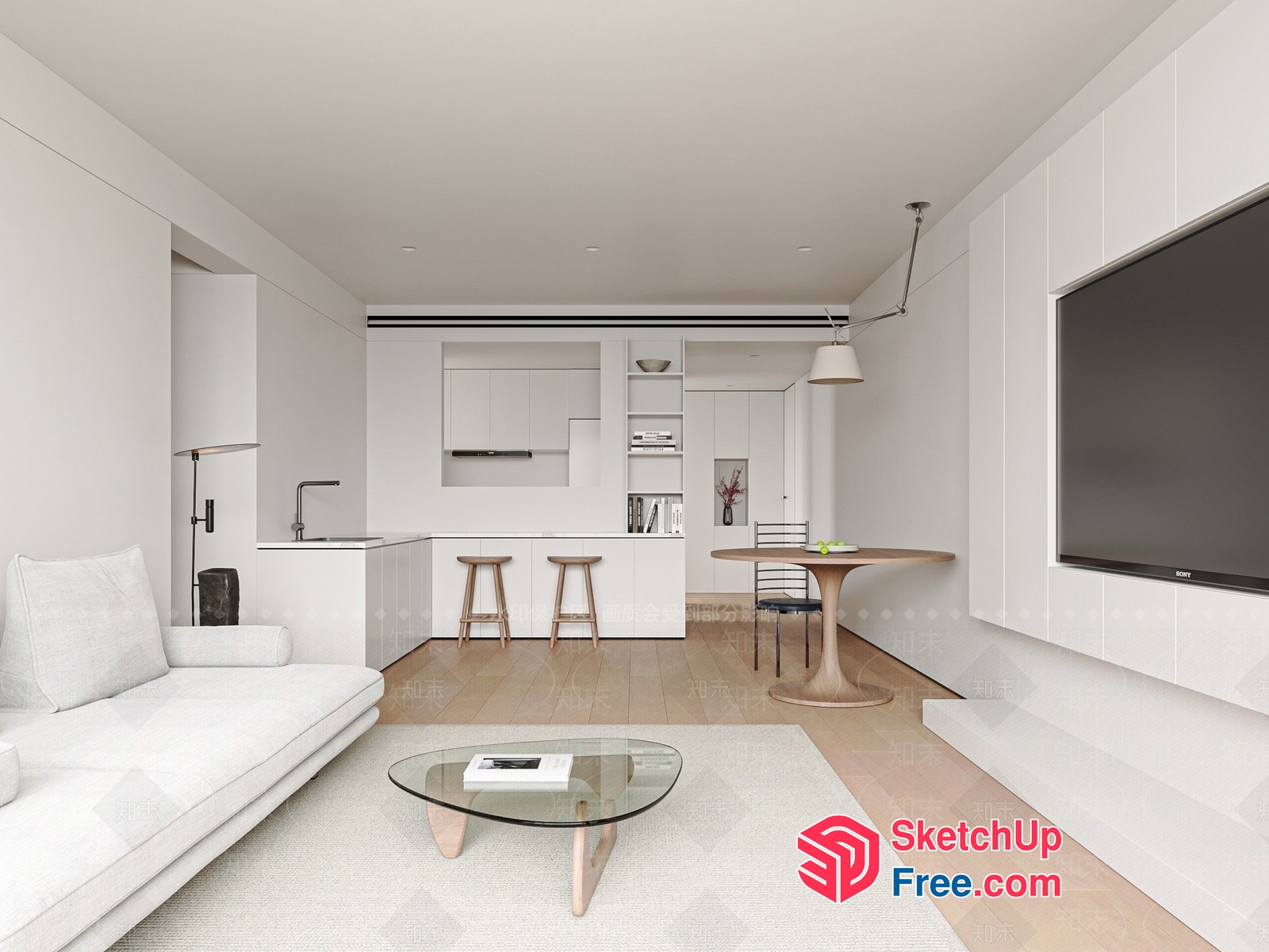 Minimalist Living Room Design With Sleek White Furniture And Natural Wood Accents 3D SketchUp File