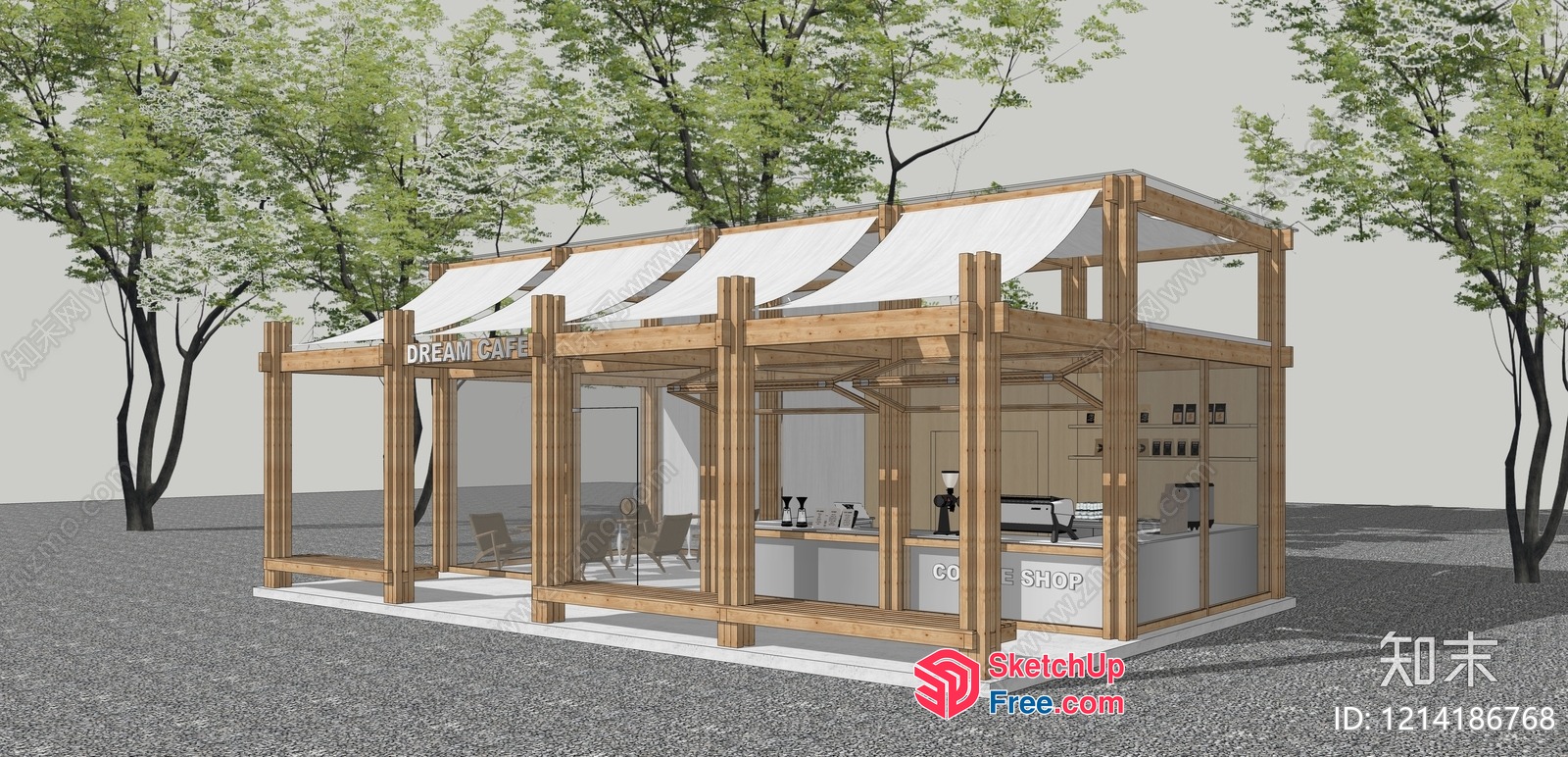 Modern Cafe With Wood Accents And Glass Windows 3D SketchUp File