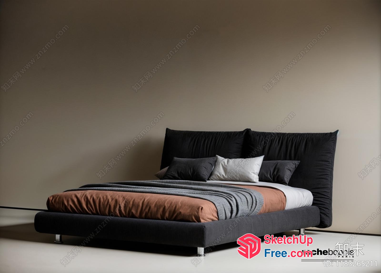 Modern Bed With Dark Gray Upholstery And Matching Pillows 3D SketchUp File