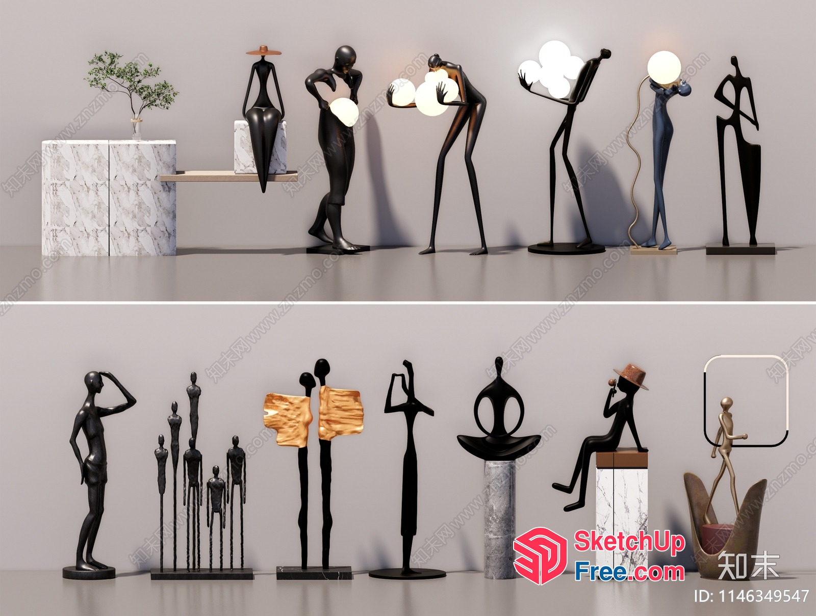 Abstract Sculpture Figures In Modern Art Gallery 3D SketchUp File