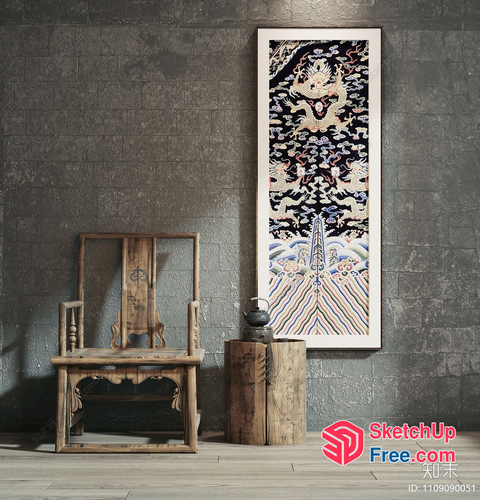 Traditional Chinese-Inspired Interior With Ornate Chair And Artwork 3D SketchUp File