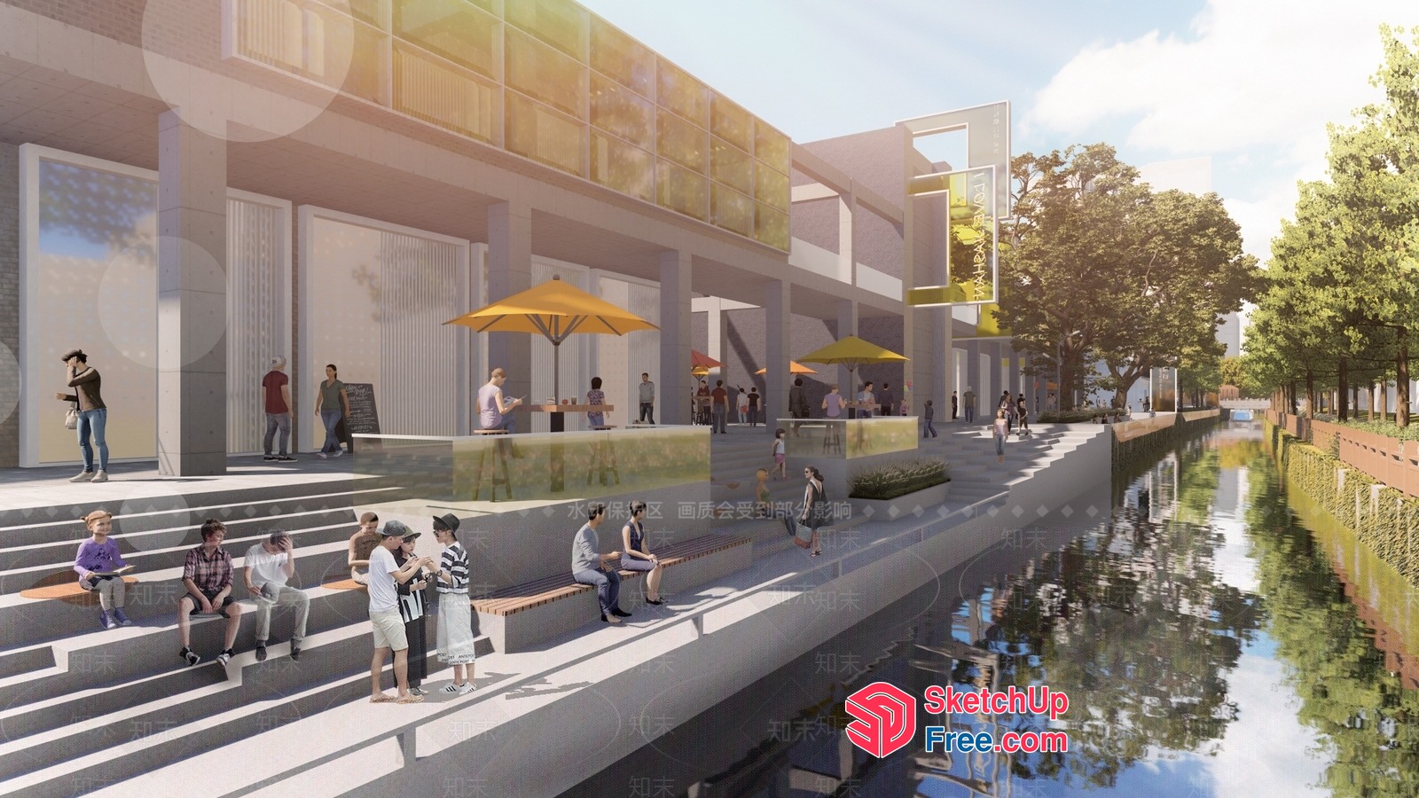 Modern Commercial Street With Outdoor Seating And Water Feature 3D SketchUp File