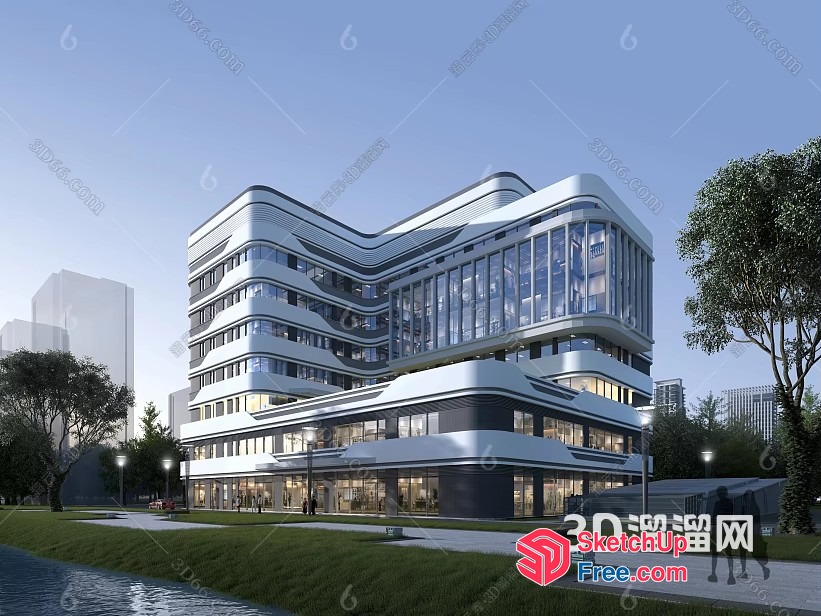 Modern Office Building With Glass Curtain Wall 3D SketchUp File