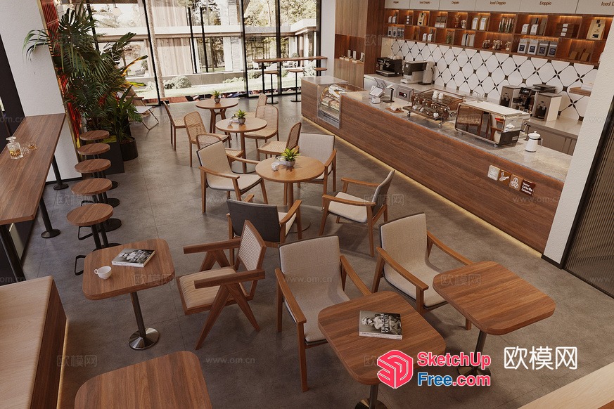 Modern Wooden Furniture In A Cozy Cafe 3D SketchUp File