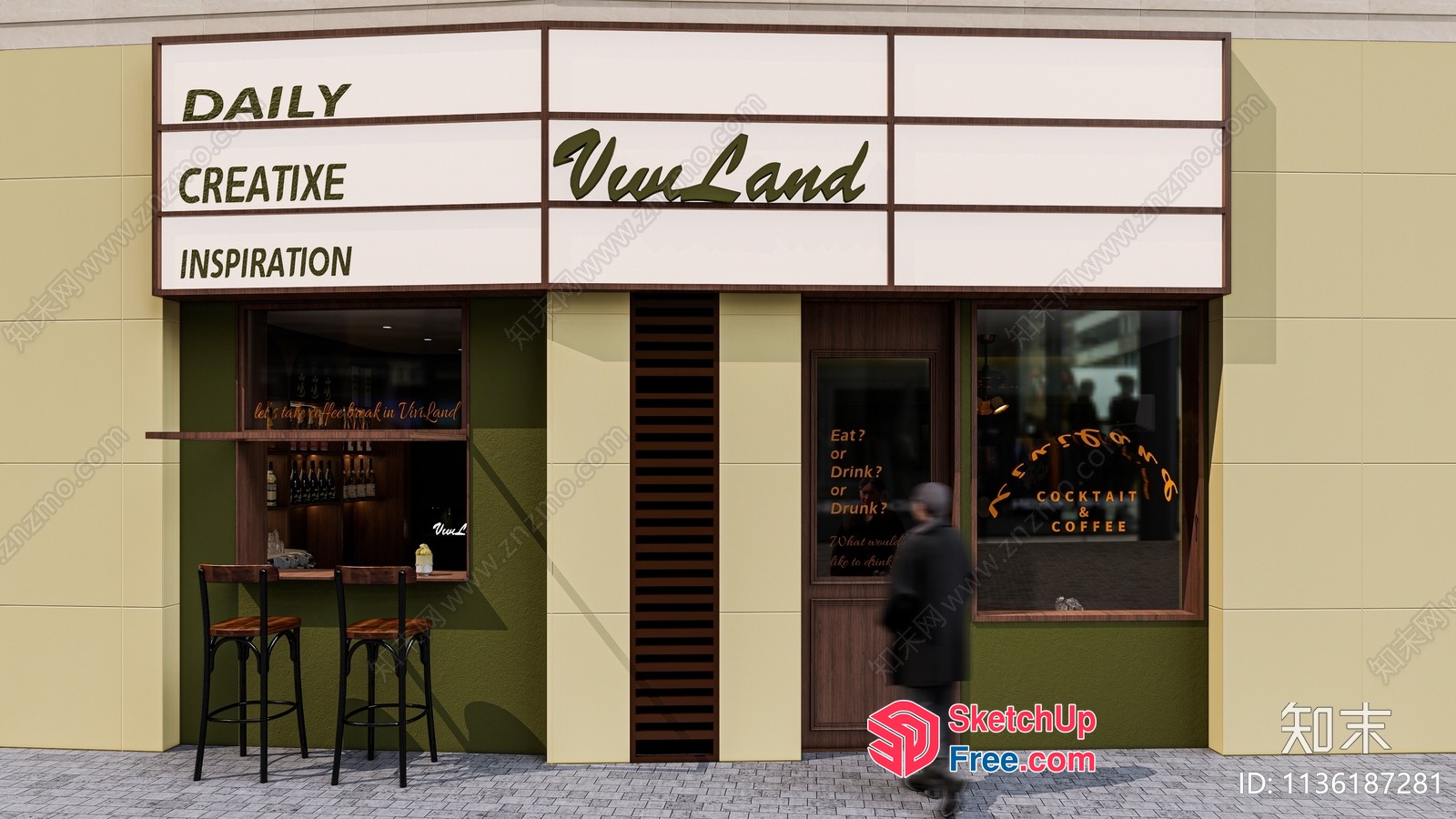 Modern Cafe Entrance With Elegant Signage And Stools 3D SketchUp File