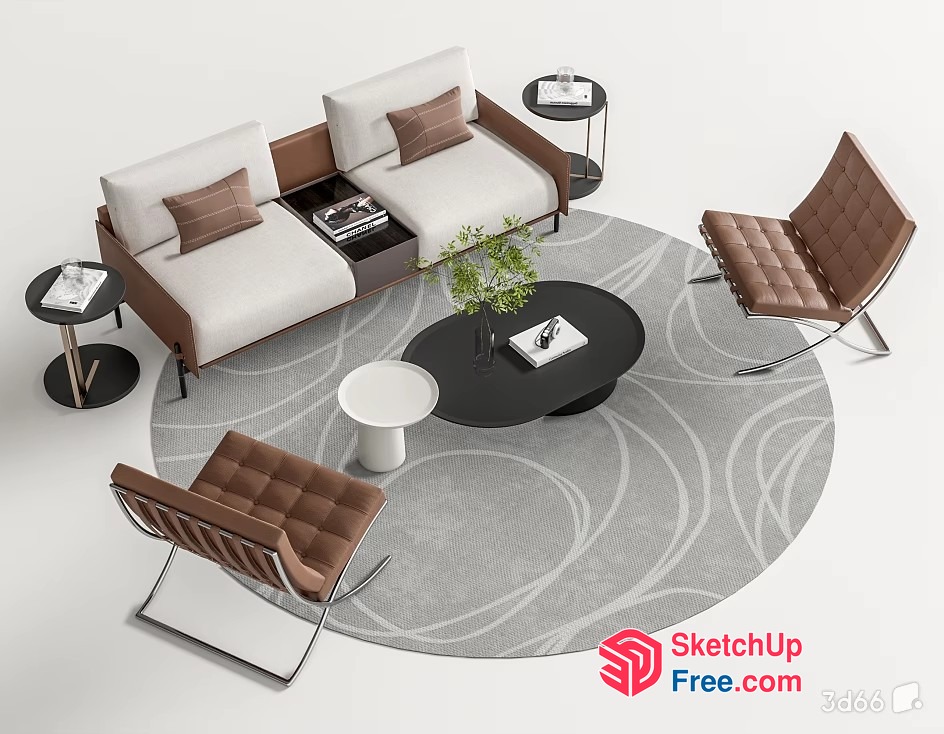 Modern Living Room Furniture Set With Leather And Fabric 3D SketchUp File