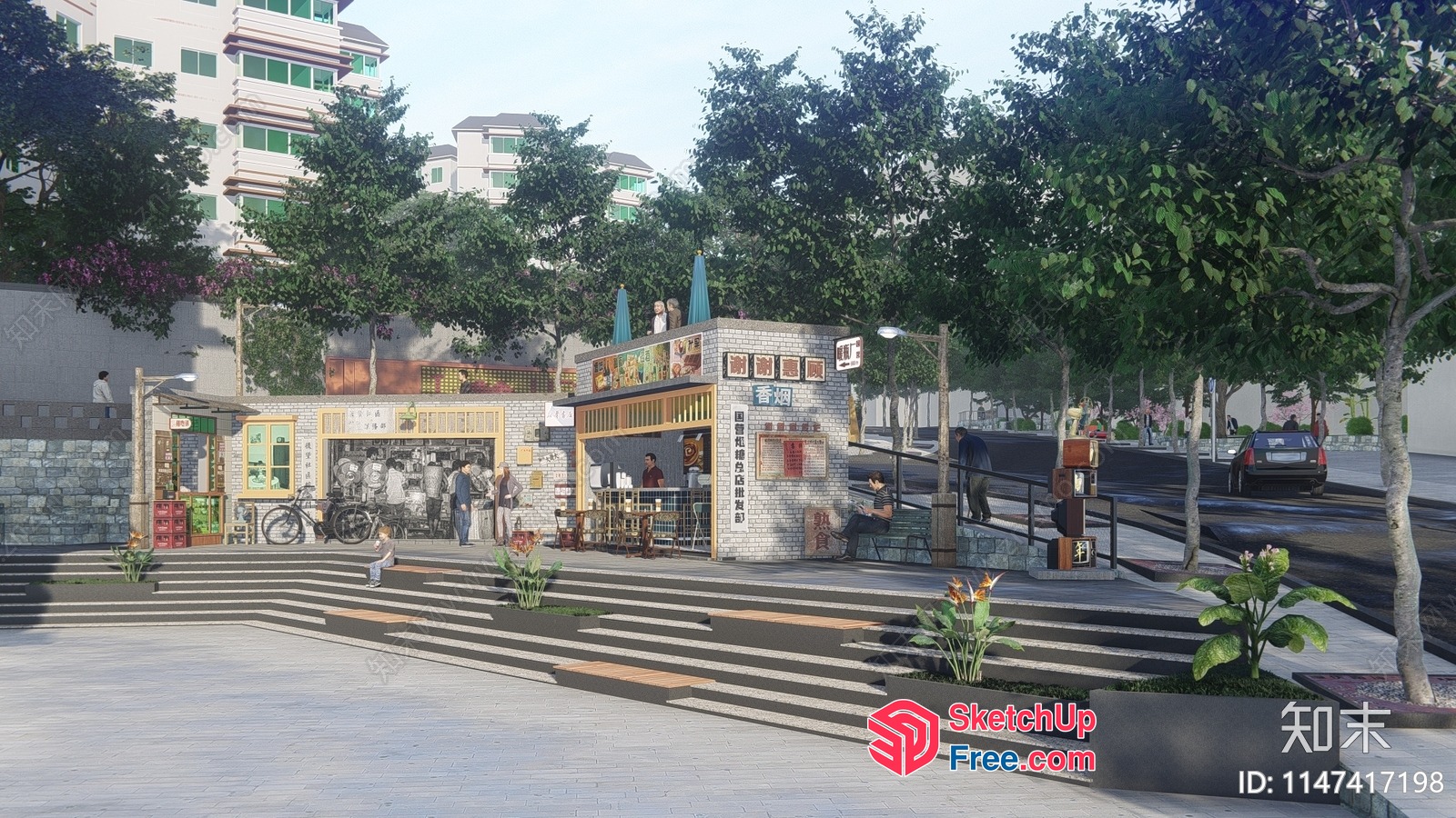 Modern Commercial Street Scene With Food Trucks And Shops 3D SketchUp File