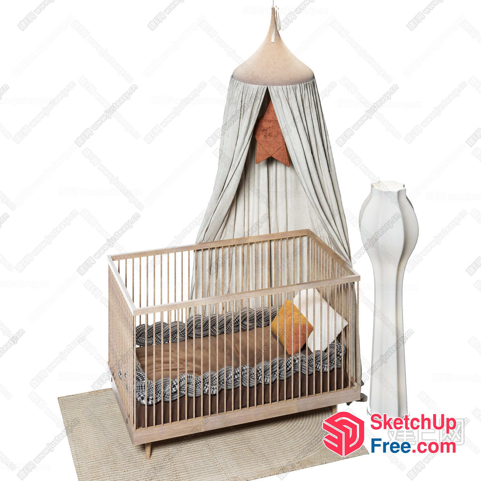 Modern Wooden Crib With Canopy And Pillows 3D SketchUp File