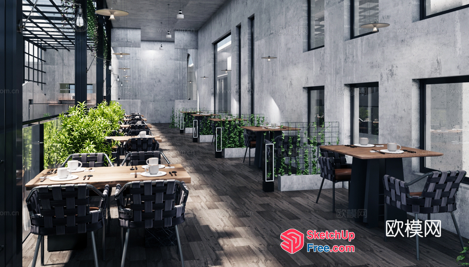 Industrial Style Restaurant Interior With Greenery 3D SketchUp File