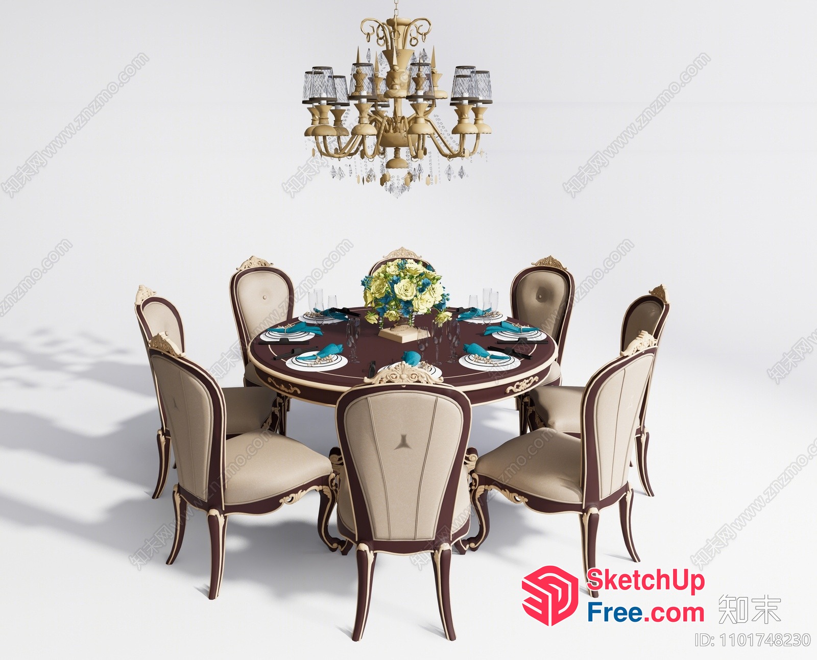 Ornate Dining Room With Round Table And Chairs 3D SketchUp File