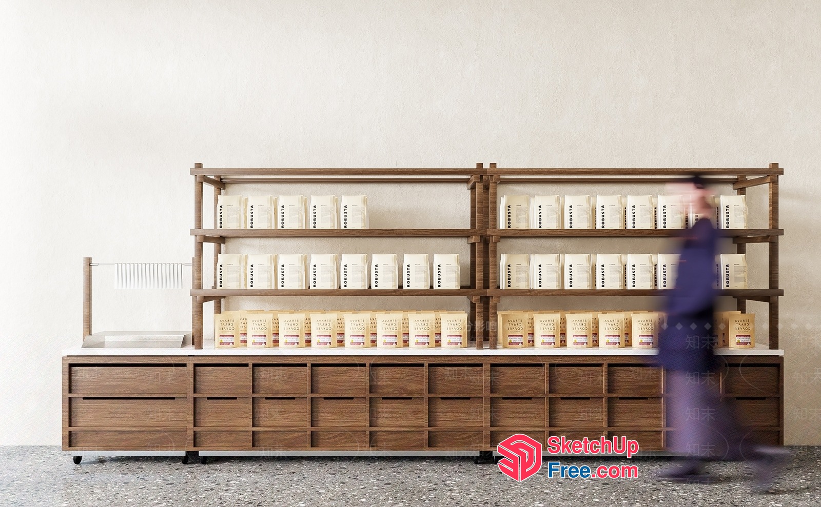 Modern Minimalist Coffee Shop Interior With Wooden Shelving 3D SketchUp File