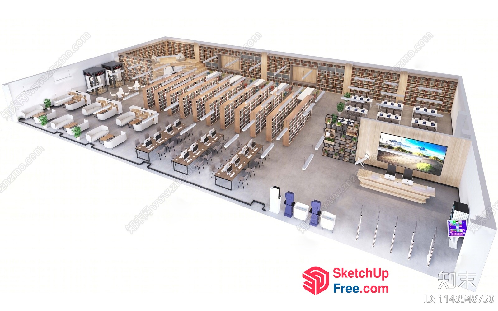 Modern Library Interior With Spacious Seating And Bookshelves 3D SketchUp File