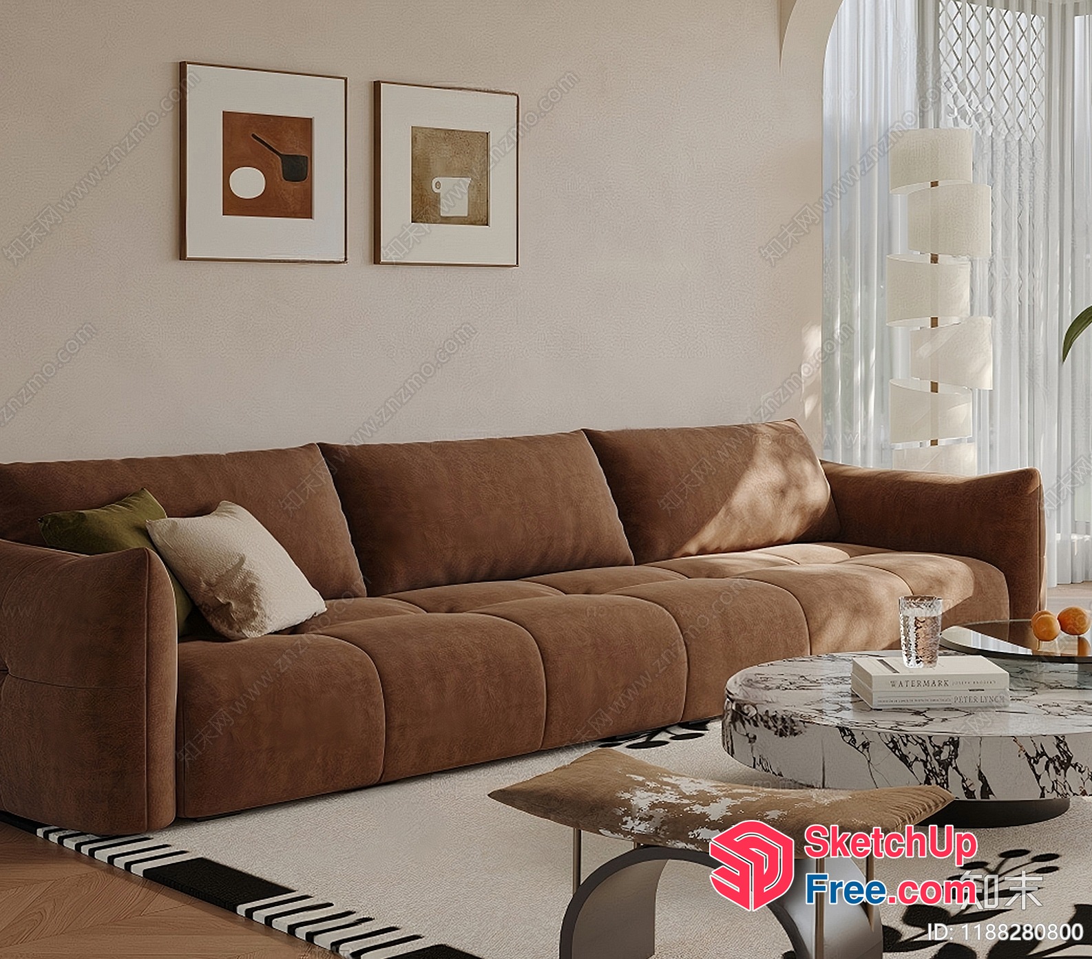 Modern Brown Sofa With Pillows And Coffee Table 3D SketchUp File