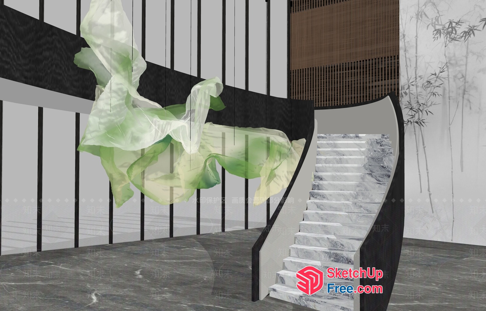 Modern Staircase With Marble Steps And Black Railing 3D SketchUp File