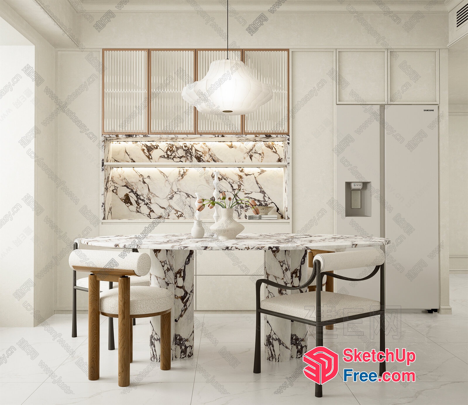 Elegant Marble Dining Table Set With White Chairs 3D SketchUp File