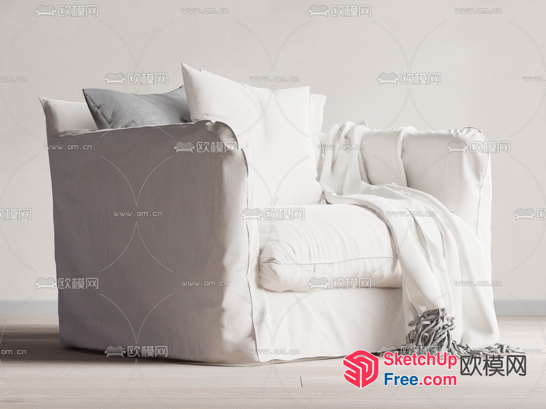 Simple White Sofa With Pillows And Throw Blanket 3D SketchUp File