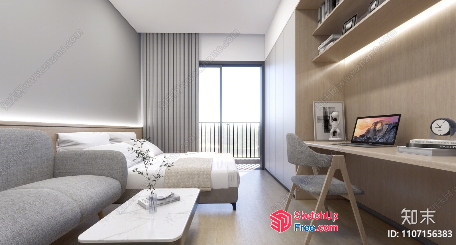 Modern Minimalist Bedroom Interior With Desk And Balcony 3D SketchUp File