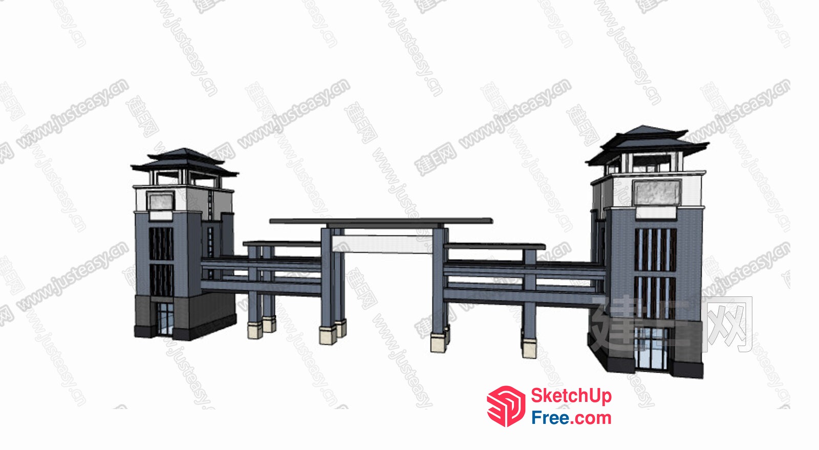 Asian-Style Building With Two Towers And Stairway 3D SketchUp File