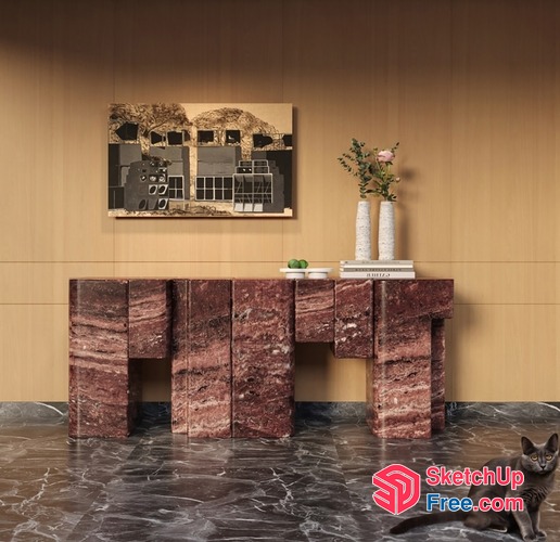 Marble And Wood Decorative Console Table With Vase And Painting 3D SketchUp File