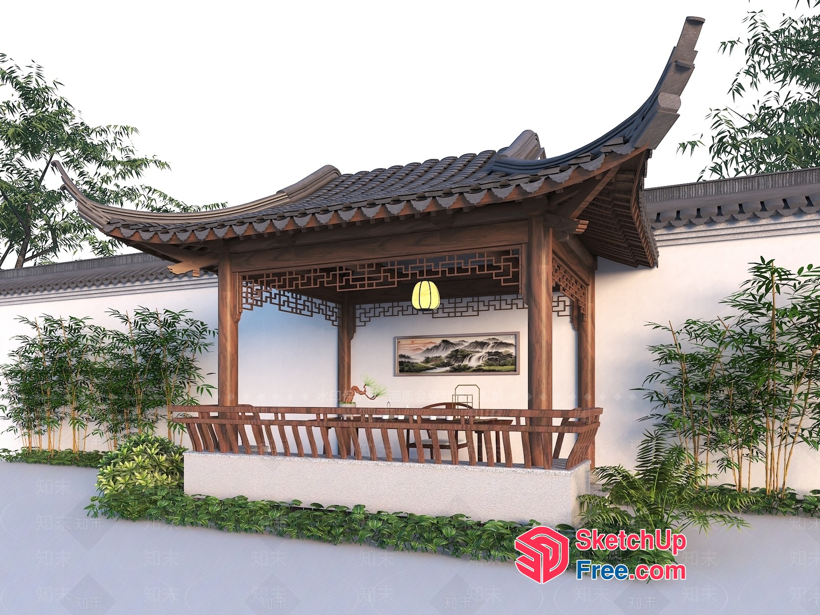 Asian-Style Pavilion With Traditional Roof And Lantern 3D SketchUp File