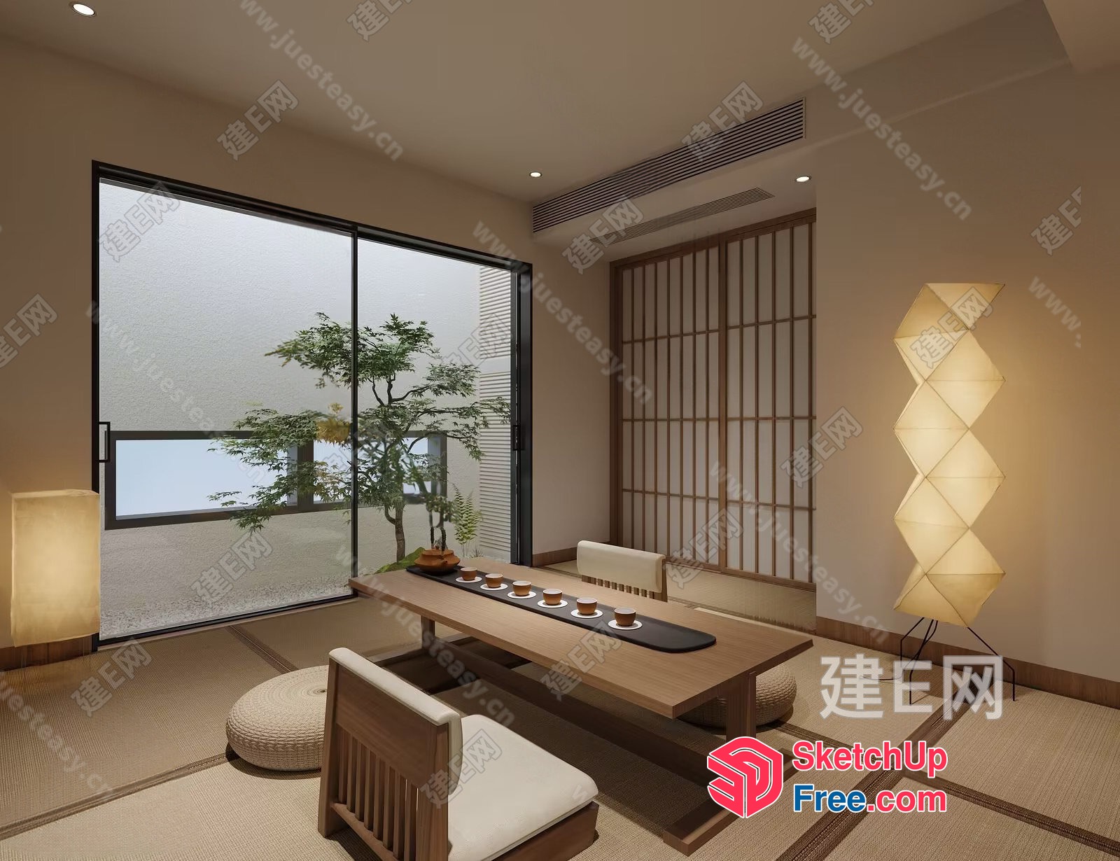 Elegant Japanese-Style Dining Room With Sliding Glass Doors And Traditional Decor 3D SketchUp File