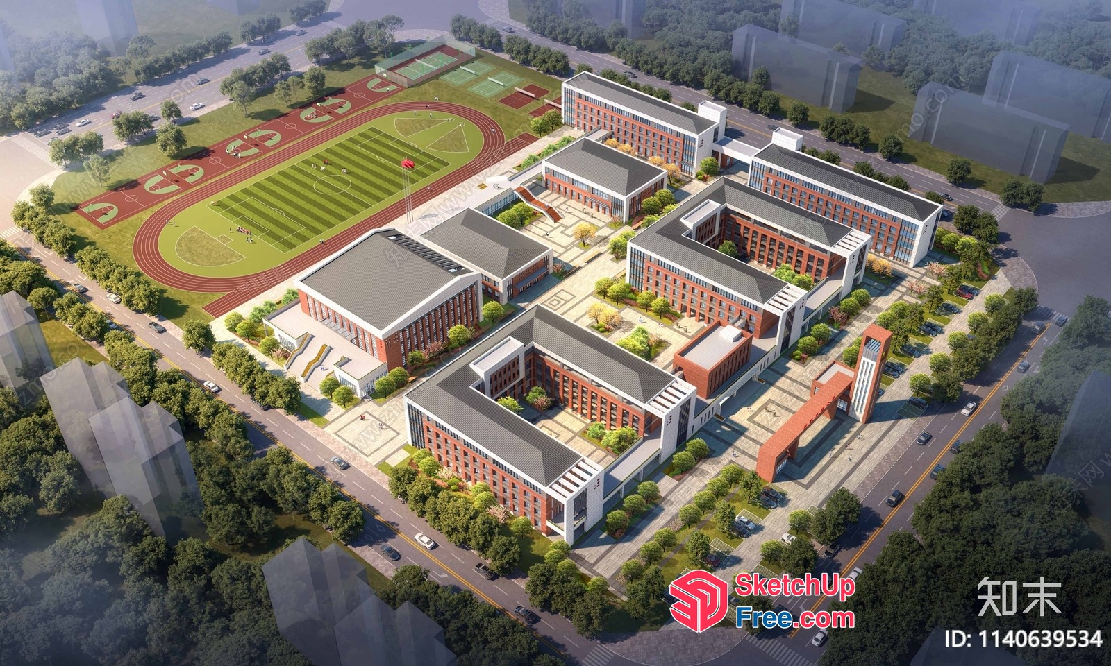 Aerial View Of A Modern School Campus With Sports Field And Parking Lot 3D SketchUp File