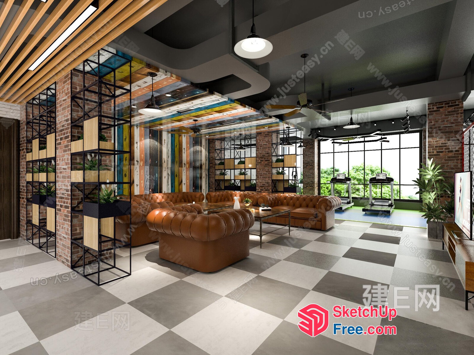 Modern Industrial Style Living Room With Brick Walls And Leather Furniture 3D SketchUp File