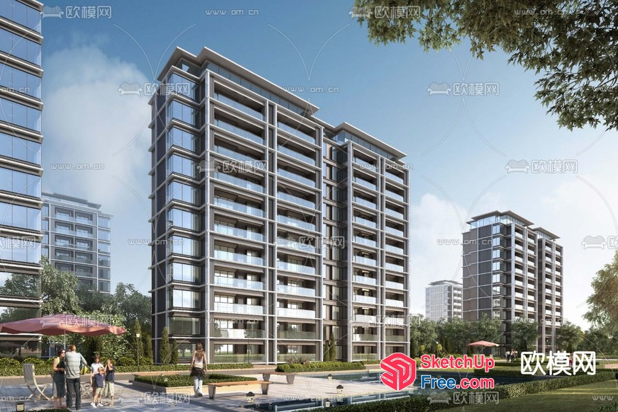 Modern Apartment Building With Elegant Balconies 3D SketchUp File