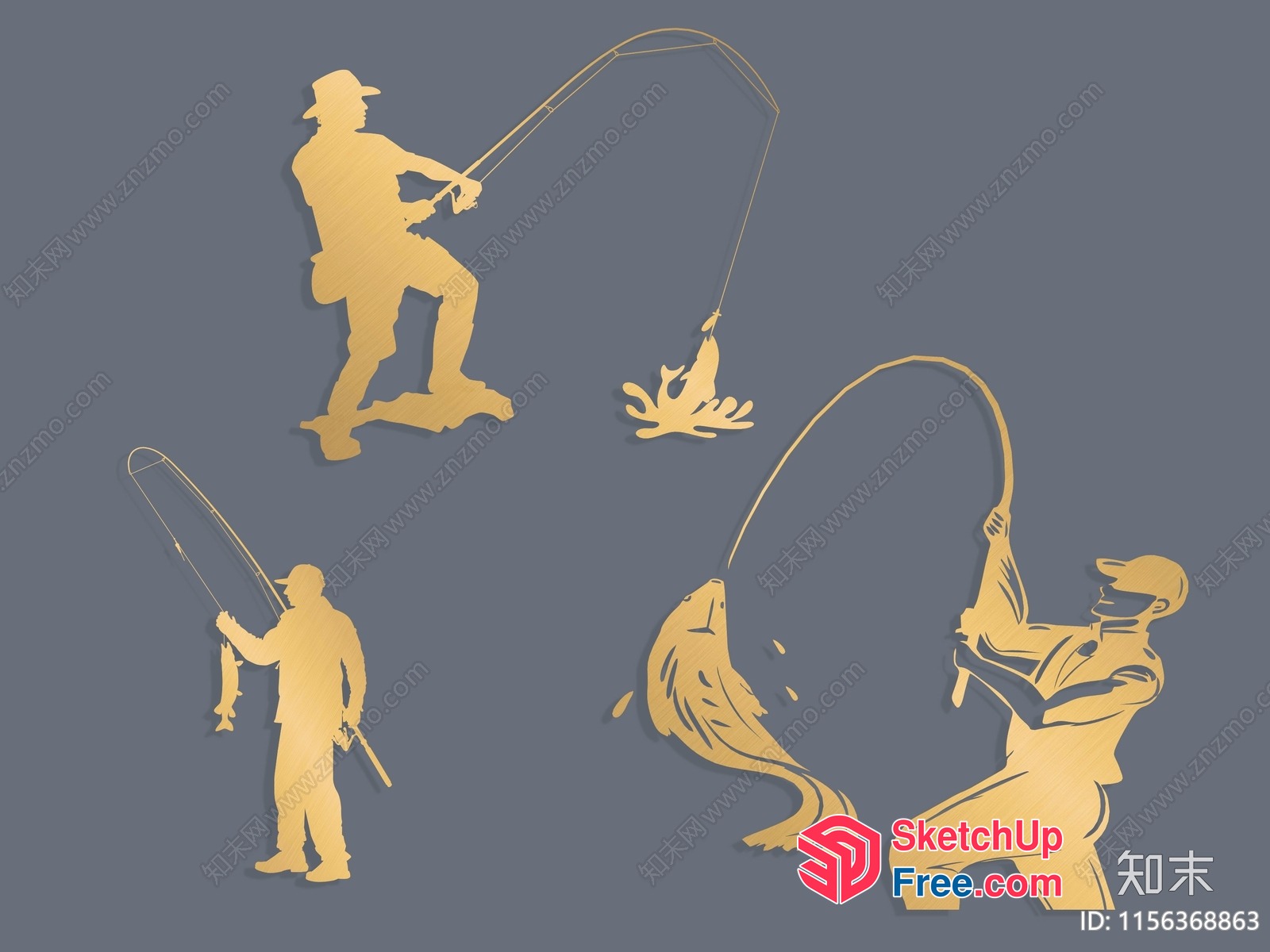 Gold-Toned Silhouettes Of Men Fishing 3D SketchUp File