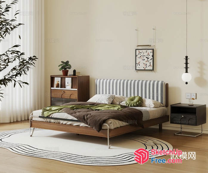 Modern Minimalist Bedroom With Wooden Furniture And Natural Elements 3D SketchUp File
