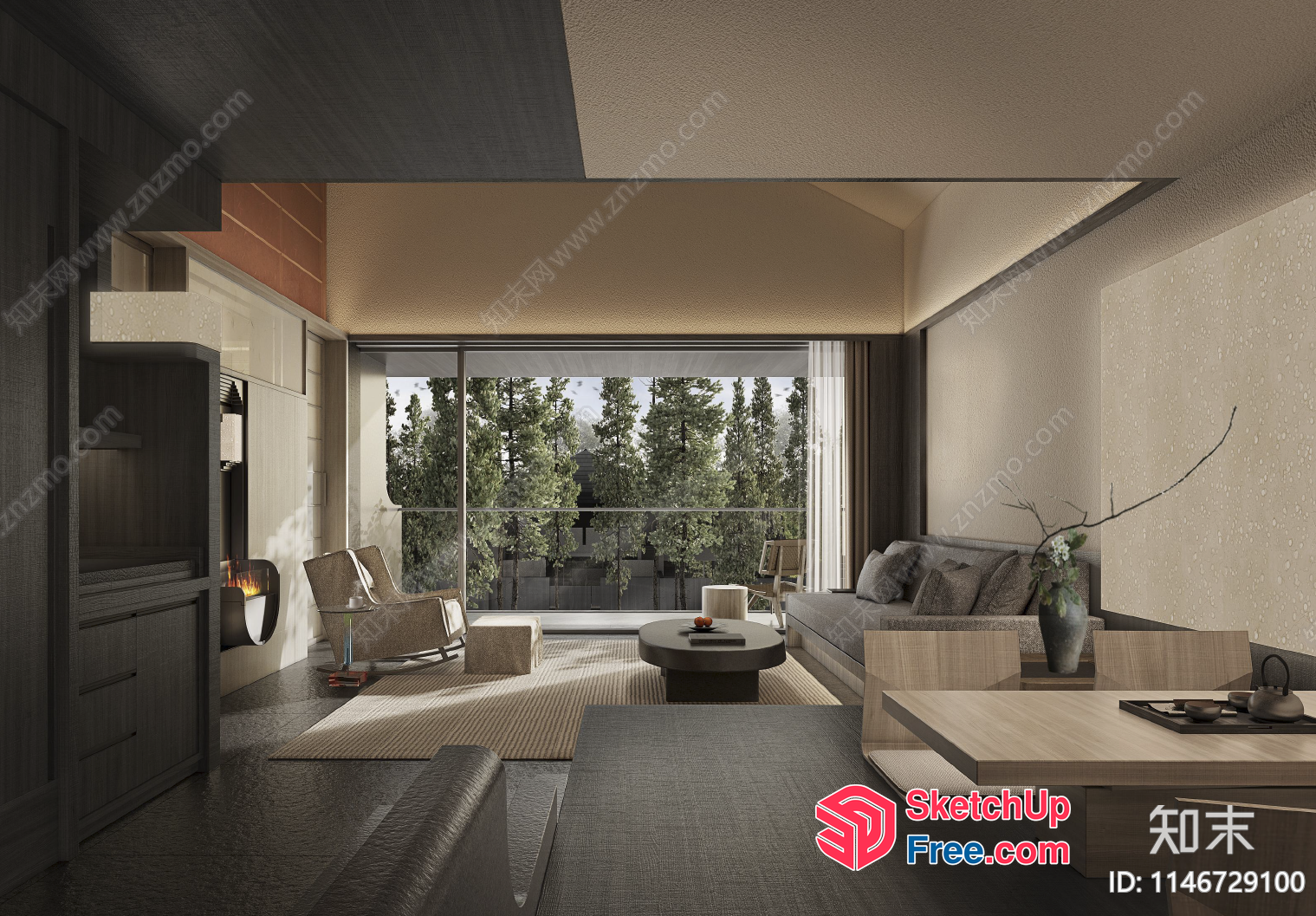 Modern Japanese-Inspired Living Room With Natural Light 3D SketchUp File