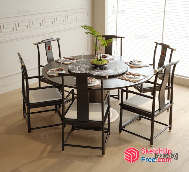 Round Dining Table With Six Chairs And Decorative Centerpiece 3D SketchUp File