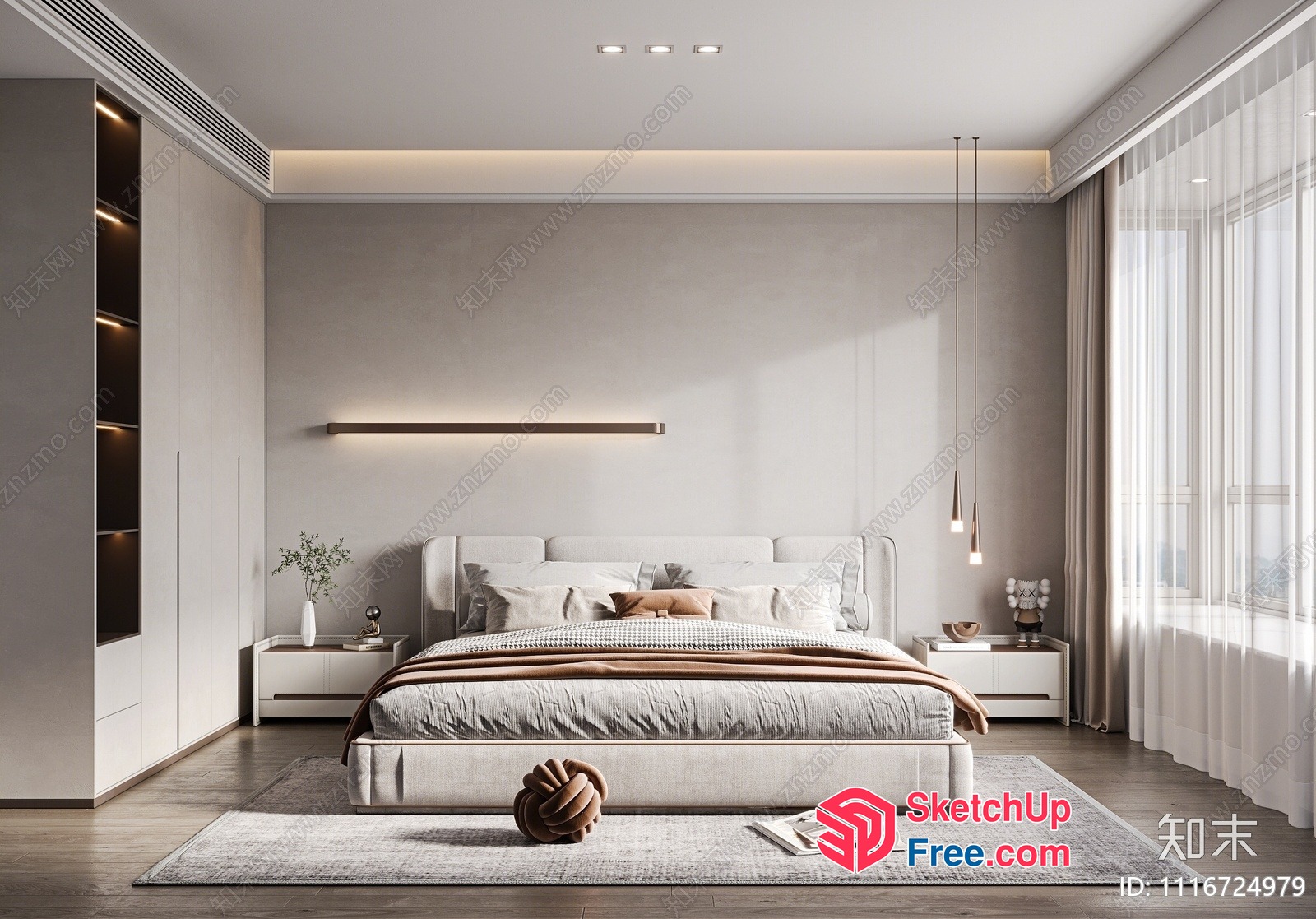 Modern Minimalist Bedroom With Creamy Style Decor 3D SketchUp File