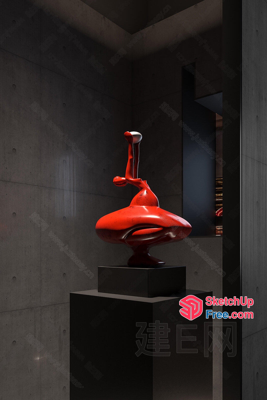Abstract Red Sculpture On A Black Pedestal 3D SketchUp File