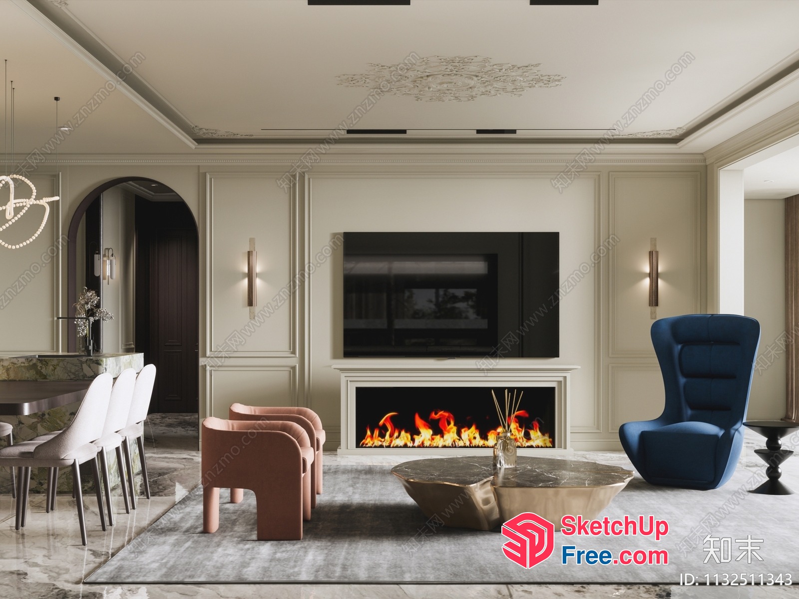 Elegant Living Room With Fireplace And Modern Furniture 3D SketchUp File