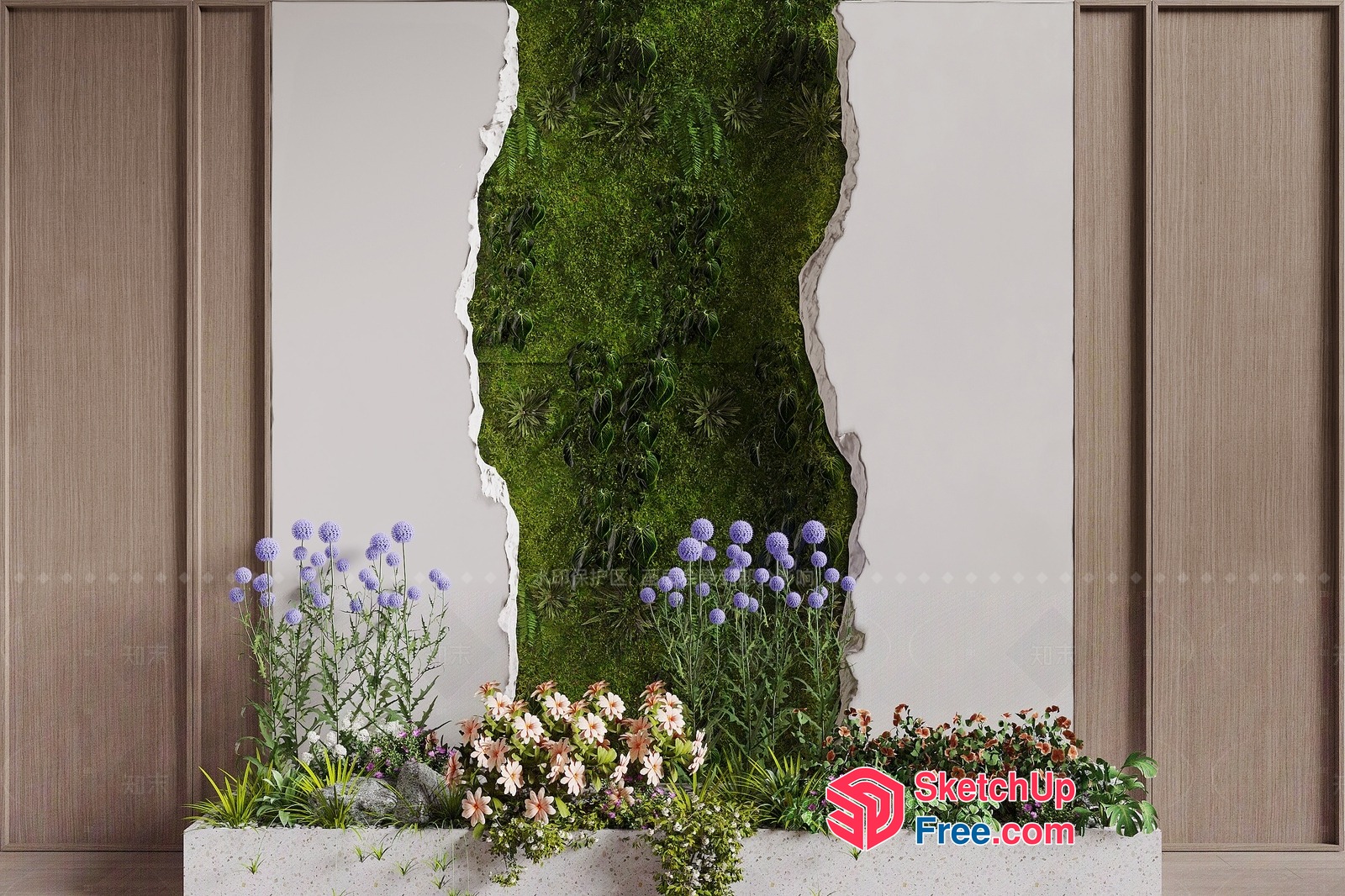 Green Wall With White Stone And Flower Arrangement 3D SketchUp File