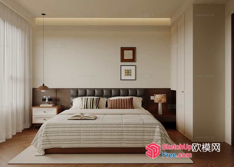 Modern Minimalist Bedroom With Striped Bedding 3D SketchUp File