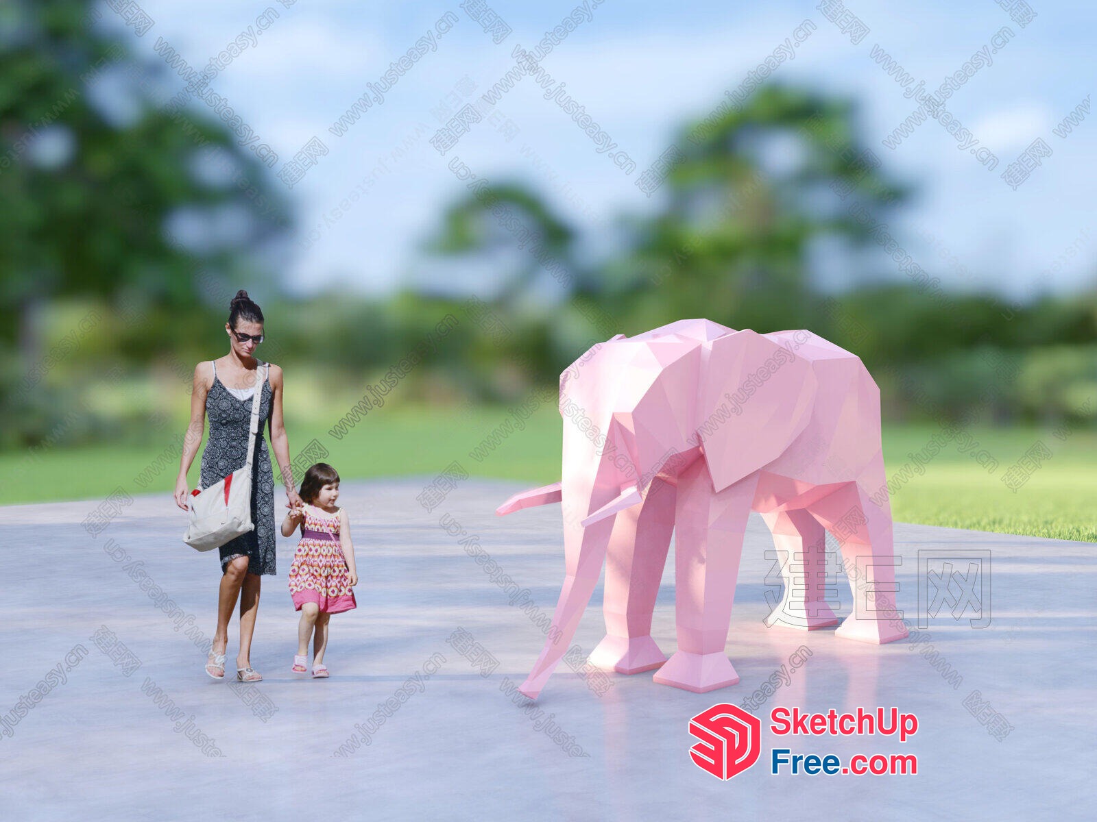 Mother And Daughter Strolling With Pink Elephant 3D SketchUp File