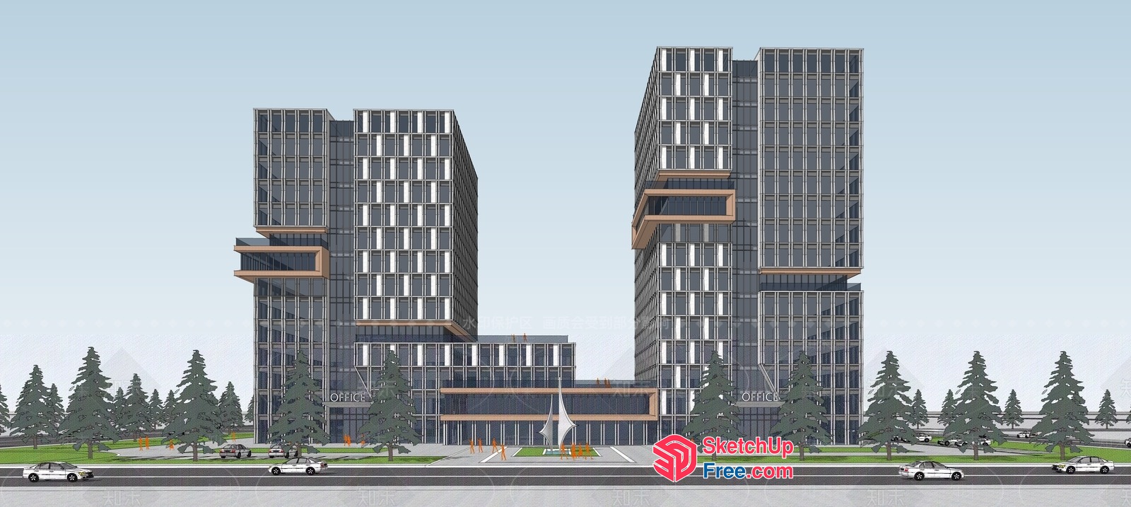 Modern Office Building With Glass Curtain Wall And Balconies 3D SketchUp File