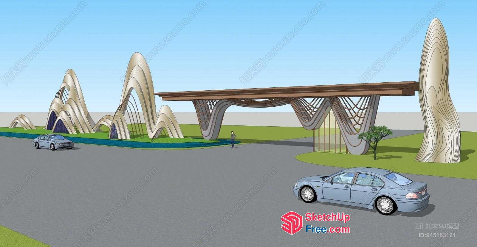 Futuristic Modern Building Entrance With Car Park 3D SketchUp File