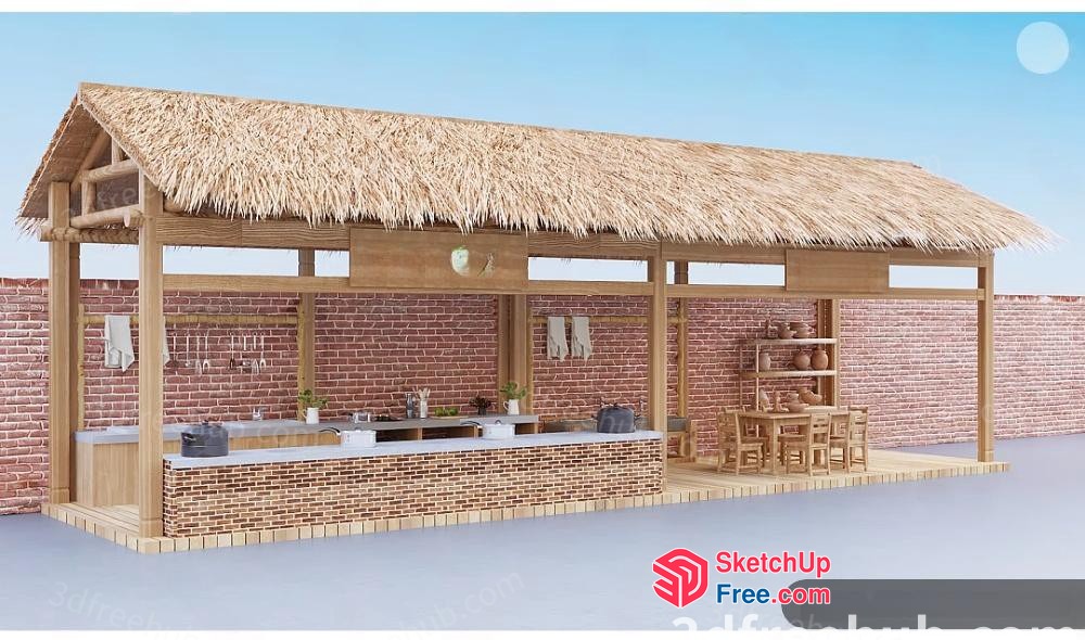 Exotic Outdoor Kitchen With Thatched Roof 3D SketchUp File