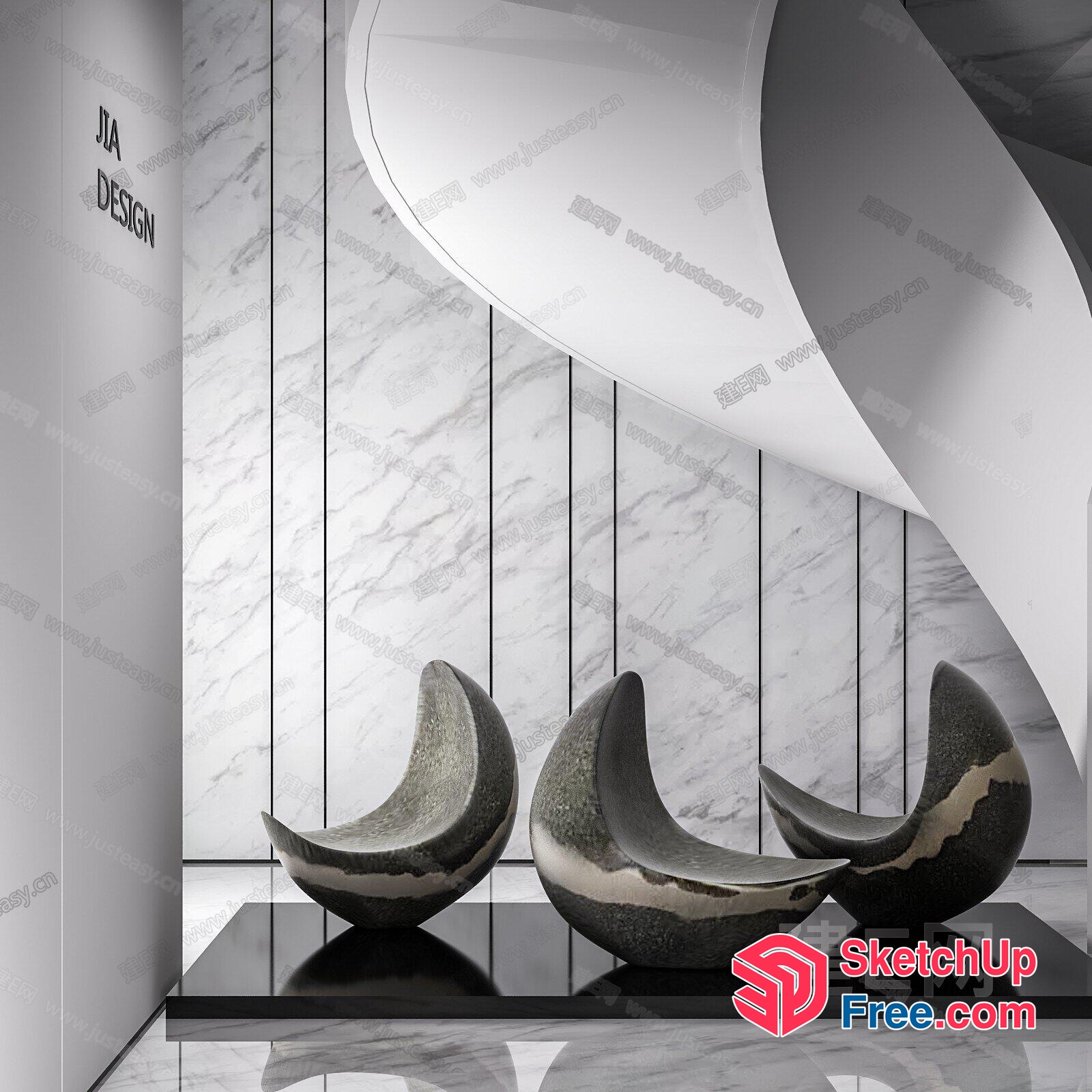 Sleek Marble Staircase And Modern Furniture Collection 3D SketchUp File