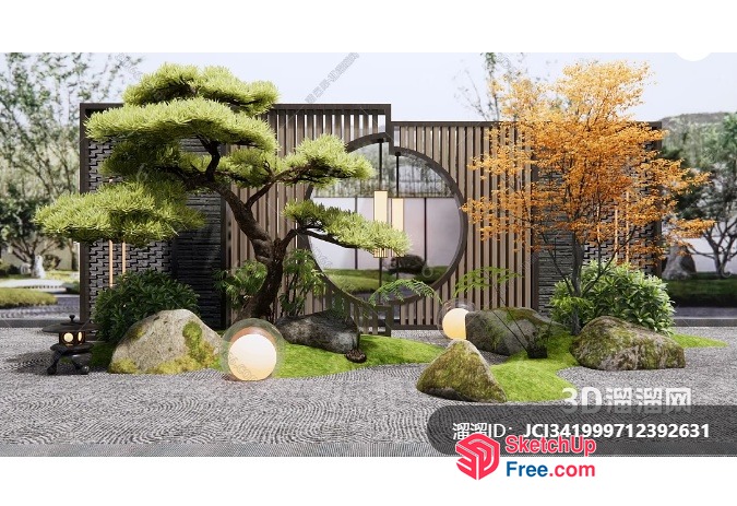 Japanese-Style Garden With Stone Pathway And Lanterns 3D SketchUp File