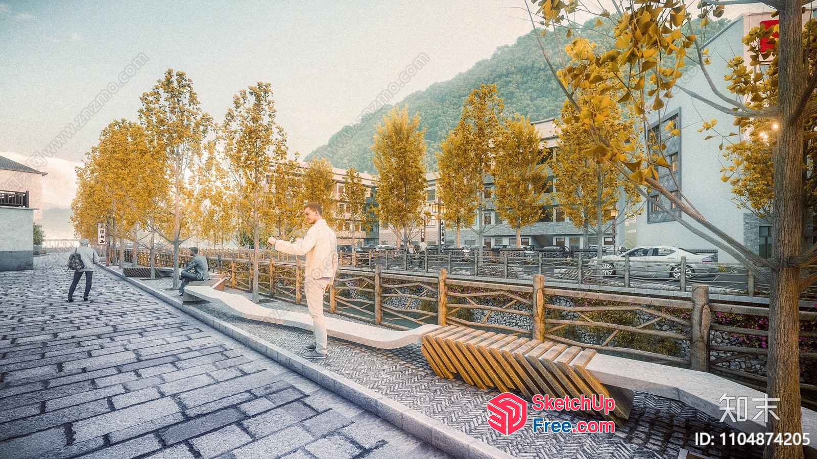 People Enjoying A Walkway In A Scenic Mountain Town 3D SketchUp File