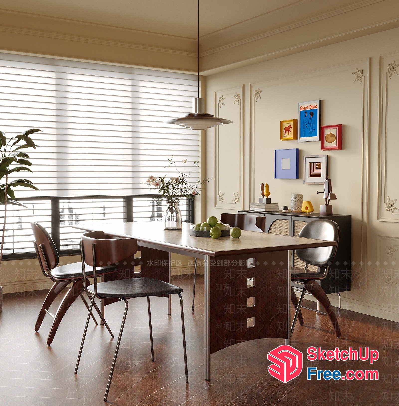 Elegant Dining Room With Creamy Style And Classic Moulding 3D SketchUp File