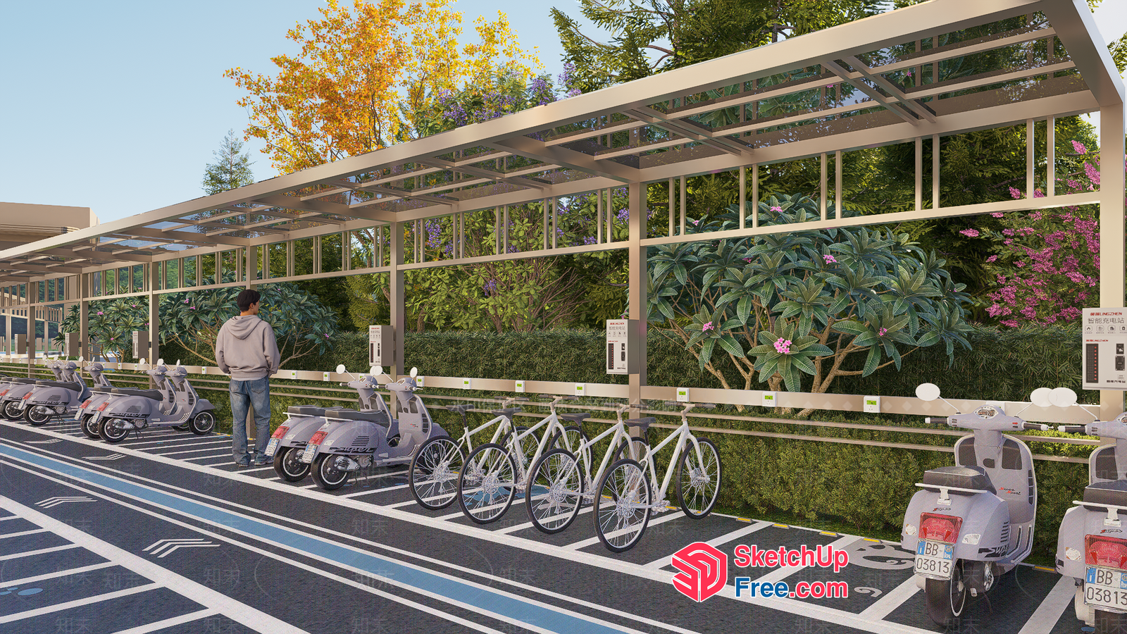 Modern Parking Structure With Glass Roof And Scooters 3D SketchUp File